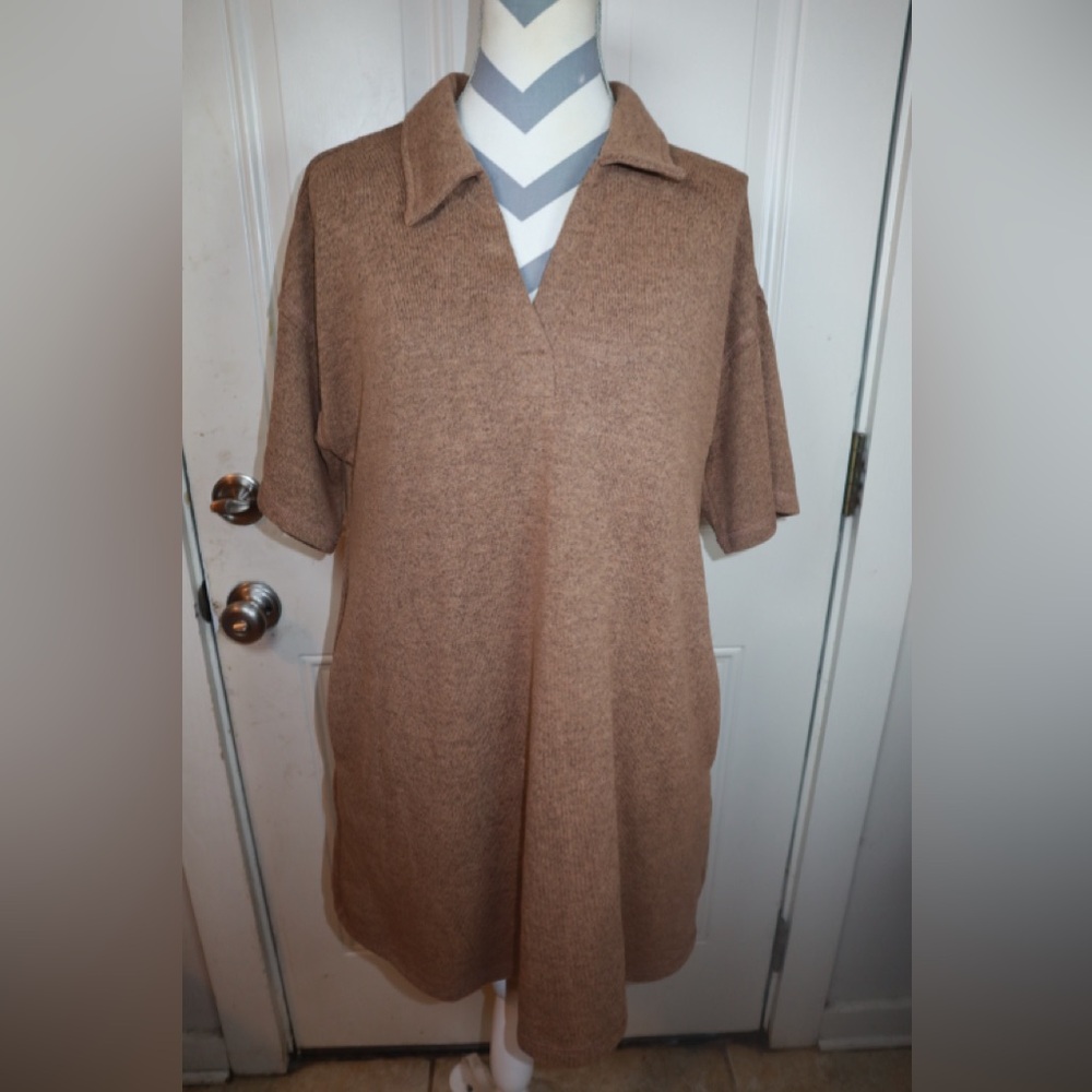 Bad Little Country Girl Brown Knit Pullover Short Sleeve dress with pockets L